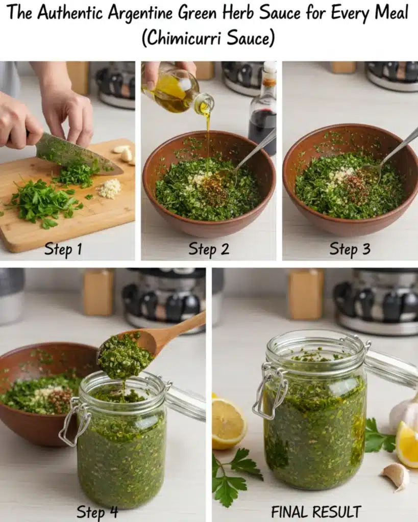 Chopped parsley and minced garlic being mixed with olive oil and red wine vinegar in a bowl to make fresh chimichurri sauce.