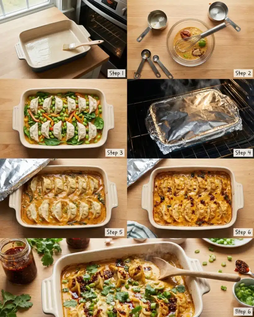 Step-by-step photos showing how to prepare and bake dumplings in creamy curry sauce using a one-pan method.