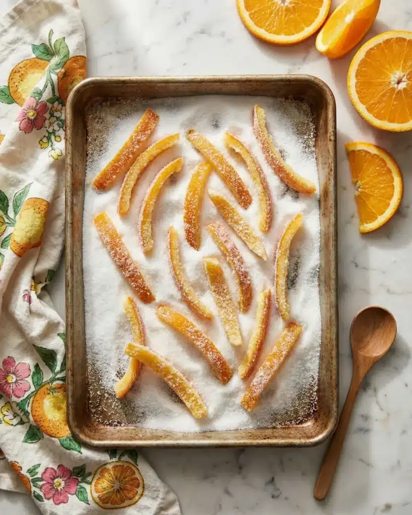 Tray filled with sugared orange peels resting on white sugar crystals ready for drying