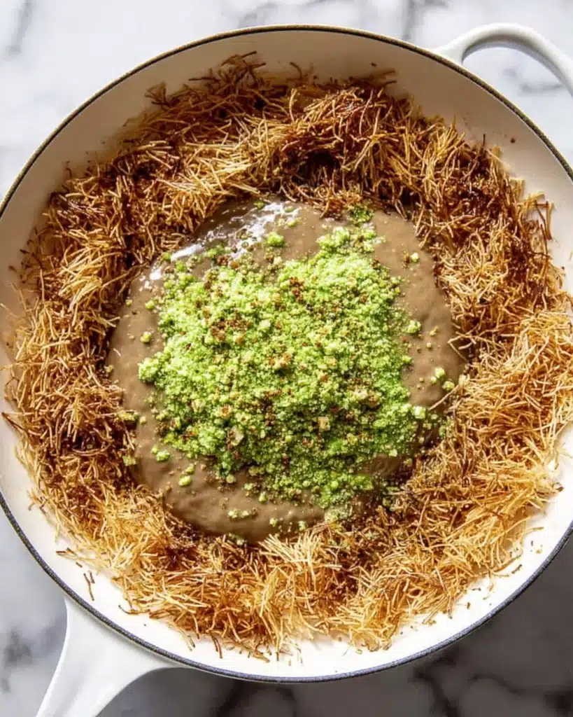 Golden kataifi pastry in a skillet surrounding a pistachio and tahini filling mixture.