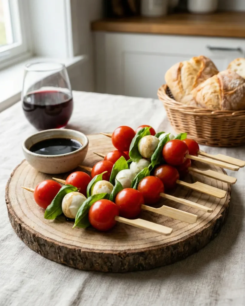 Tomato mozzarella basil skewers served with balsamic glaze and fresh bread on a rustic wooden table.