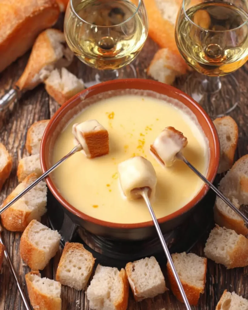 Creamy melted cheese fondue in an earthen pot surrounded by bread cubes and white wine glasses