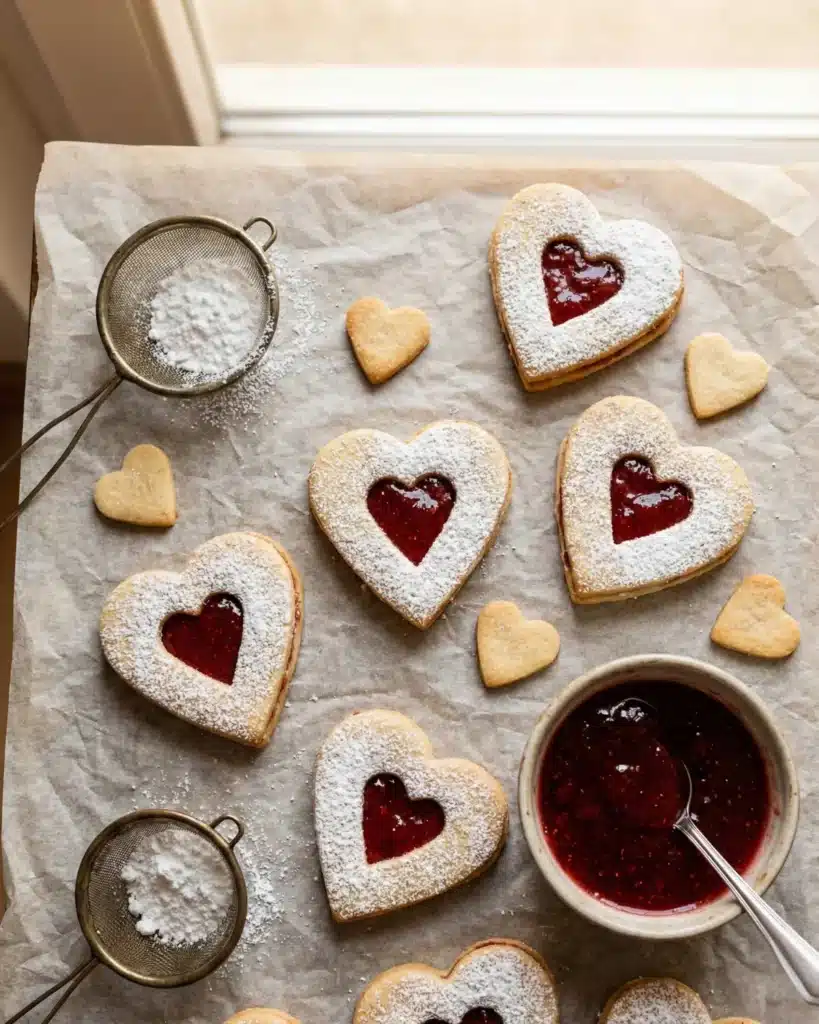 Heart-shaped Linzer cookies with powdered sugar and strawberry jam filling arranged on parchment paper near a small bowl of jam.