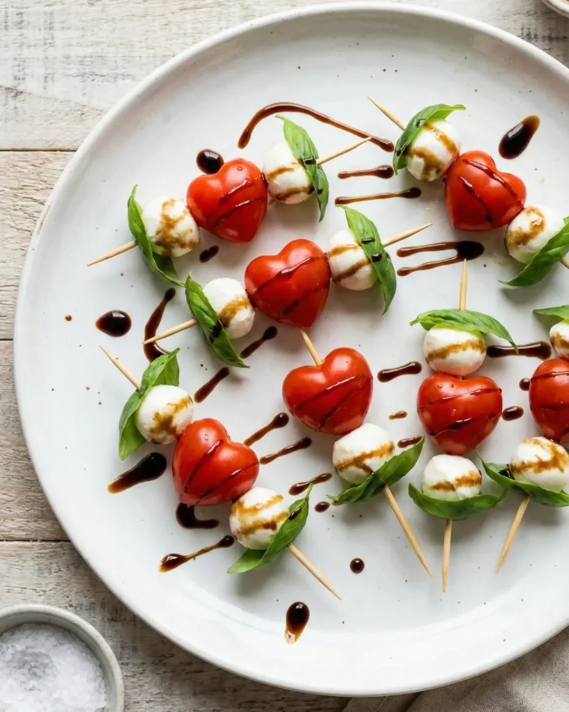 Heart shaped tomato mozzarella basil skewers drizzled with balsamic glaze on a white plate.