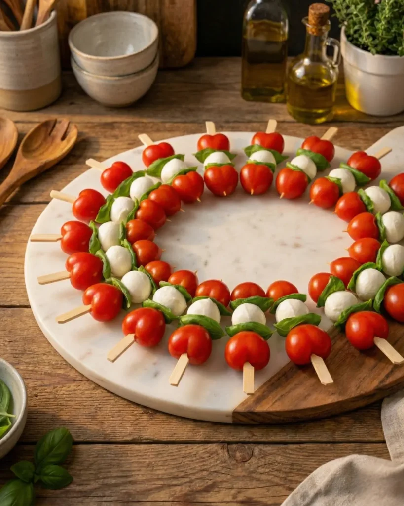 Circular arrangement of tomato mozzarella basil skewers styled as a wreath on a marble serving board.