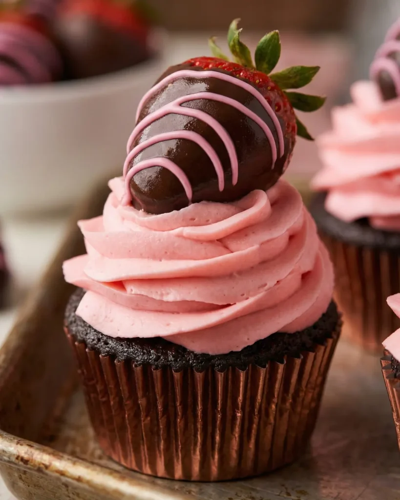 Cupcake topped with chocolate-dipped strawberry drizzled in pink chocolate