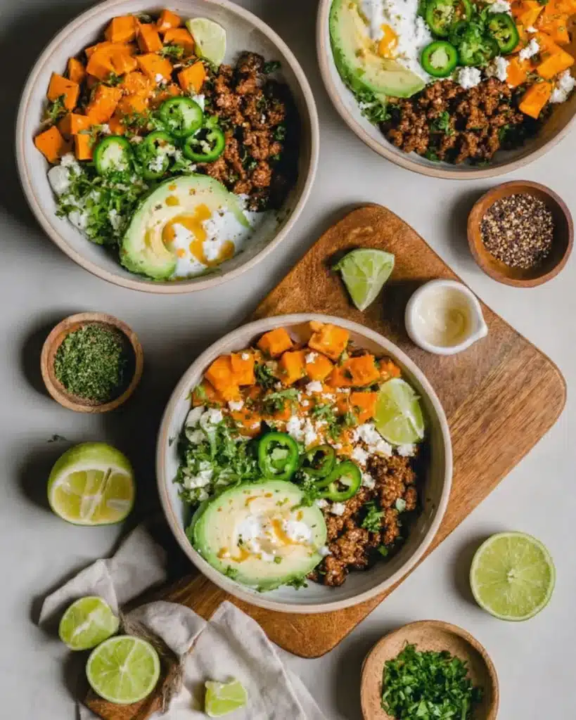 Three colorful bowls filled with ground beef, sweet potatoes, avocado, and jalapeños arranged on a wooden board for a fresh and healthy dinner idea