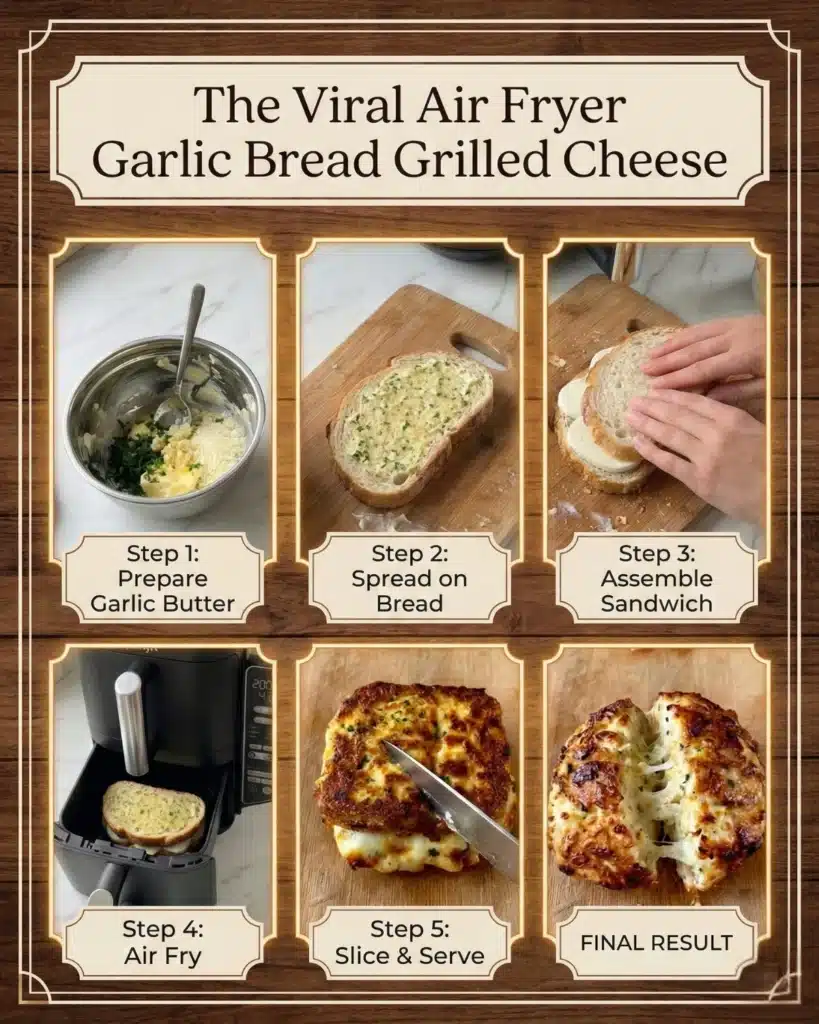 Step-by-step guide showing how to make the viral air fryer garlic bread grilled cheese sandwich.