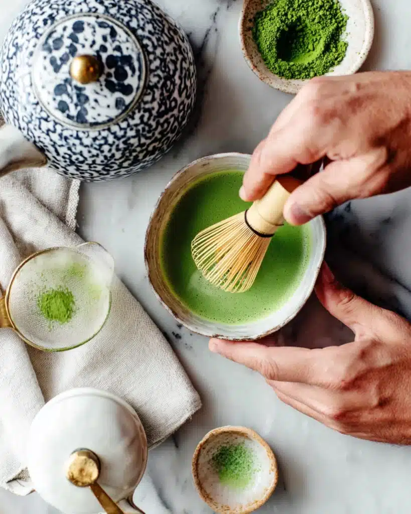 Person whisking freshly made matcha in a rustic ceramic bowl beside a teapot and small dishes of powder