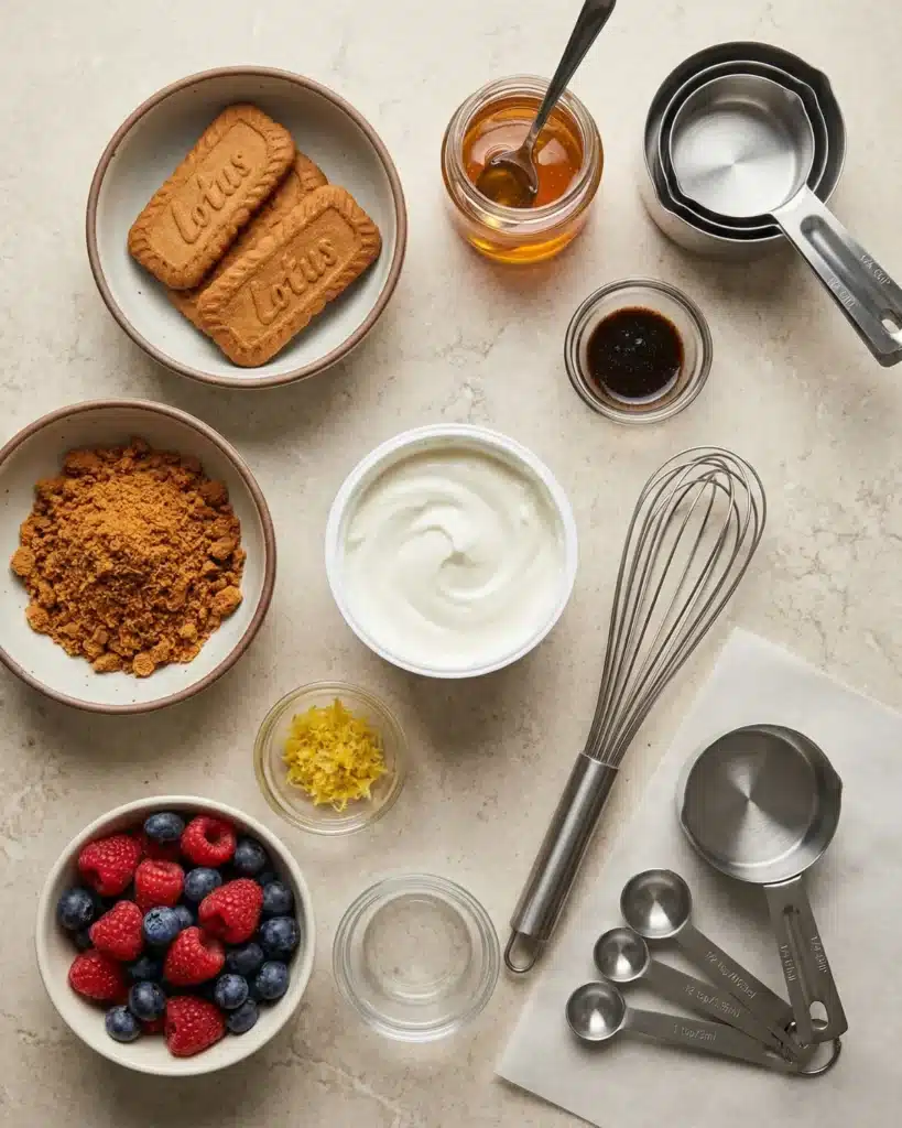 Flat lay of ingredients for the 2 Ingredient Japanese Cheesecake including Greek yogurt, Lotus Biscoff cookies, honey, berries, lemon zest, and measuring tools.