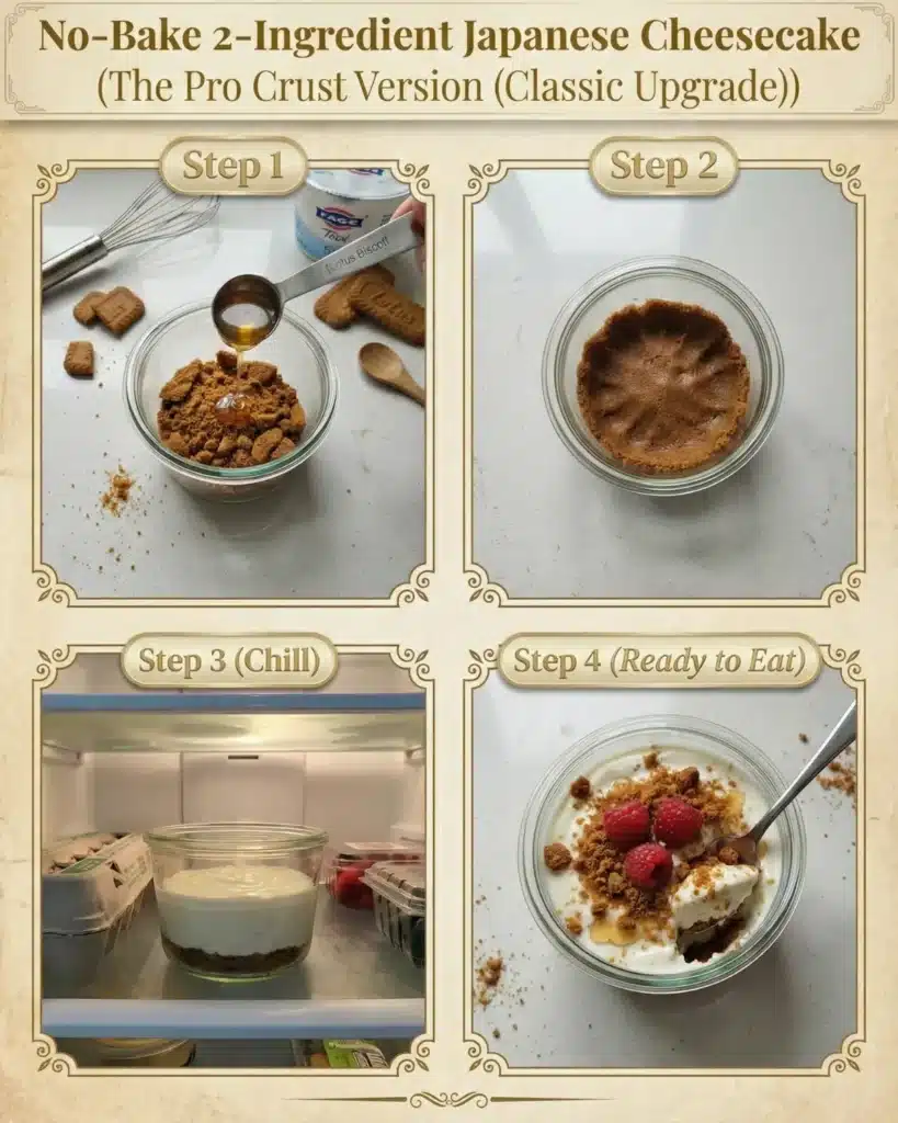 Crushed Biscoff cookies pressed into a glass bowl and topped with creamy yogurt to create the upgraded Pro Crust version of the 2 Ingredient Japanese Cheesecake.