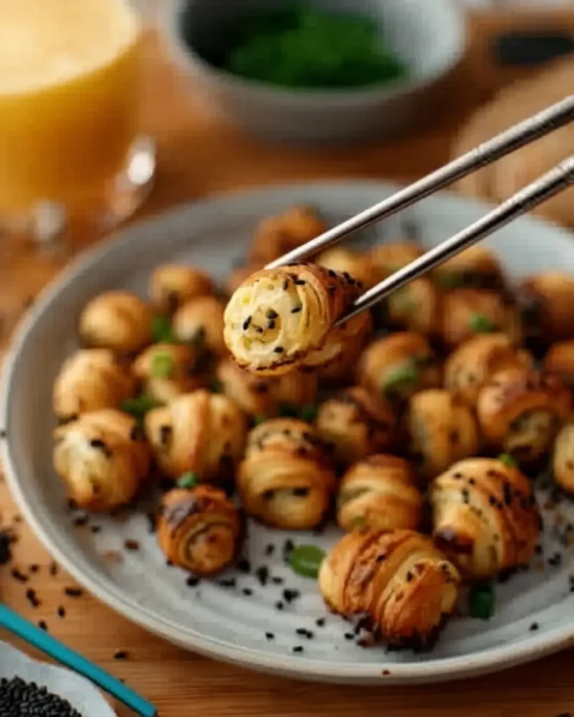 Chopsticks holding one Scallion Pancake Croissant above a plate filled with flaky golden pastries