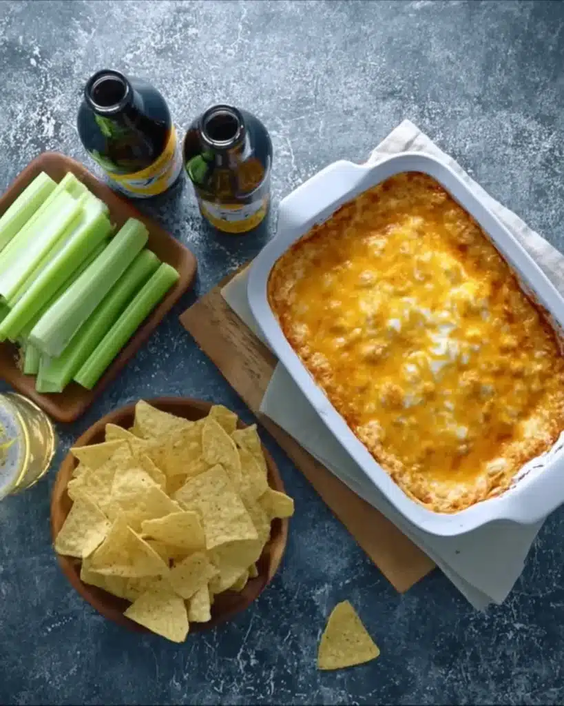 Top view of baked cheese dip with tortilla chips, celery sticks, and bottled drinks on a gray textured surface