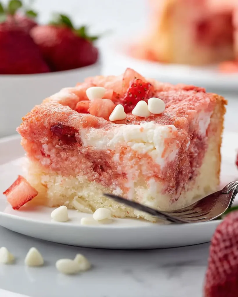 Baked strawberry cheesecake swirl cake in 9x13 pan with cracked top