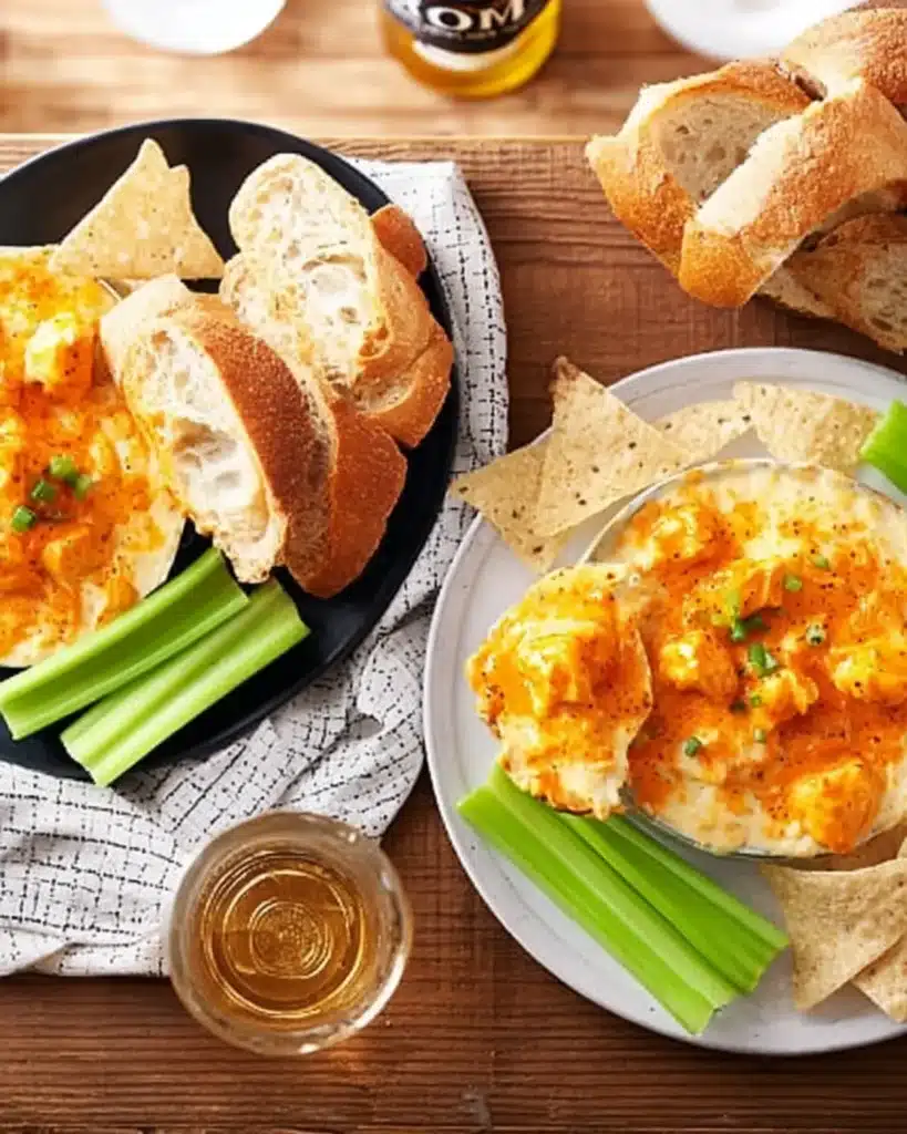 Buffalo Chicken Dip served with fresh celery sticks, tortilla chips, and crusty bread on a rustic wooden table