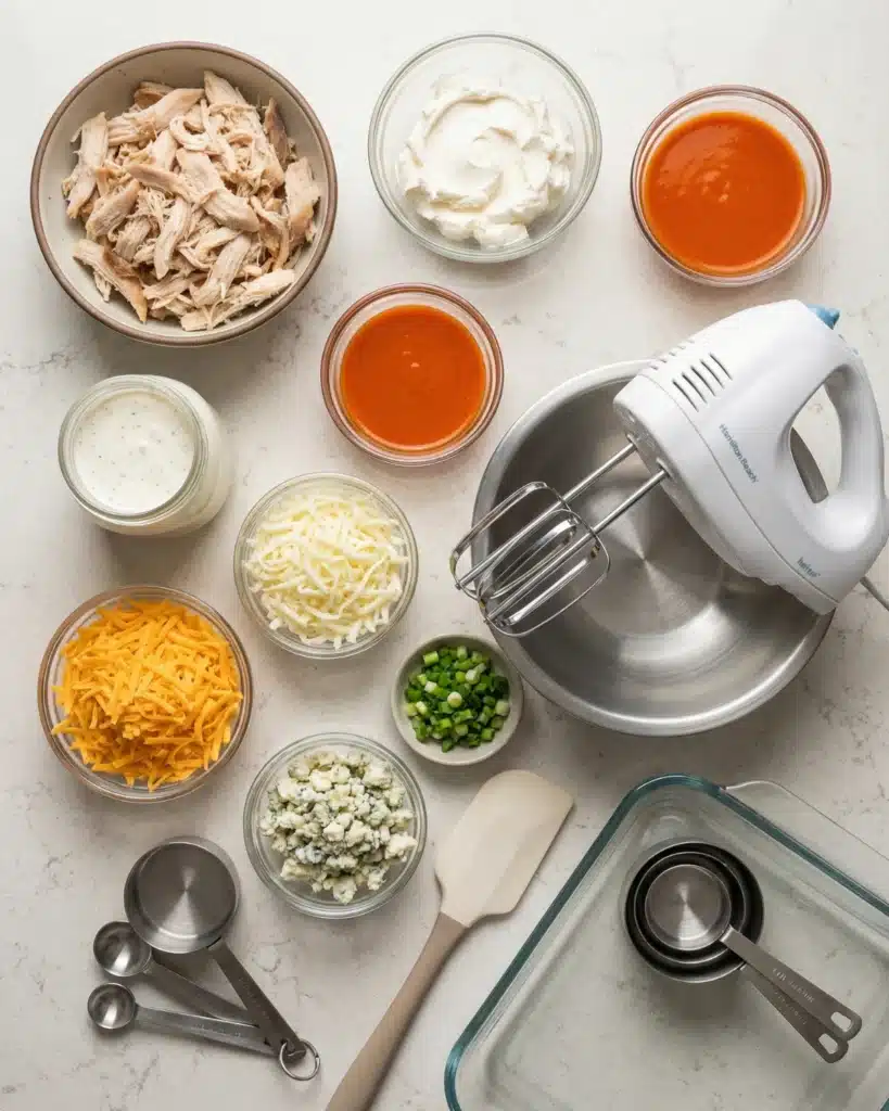 Ingredients for Buffalo Chicken Dip including shredded chicken, cream cheese, ranch dressing, buffalo sauce, shredded cheese, and seasonings arranged neatly on a countertop