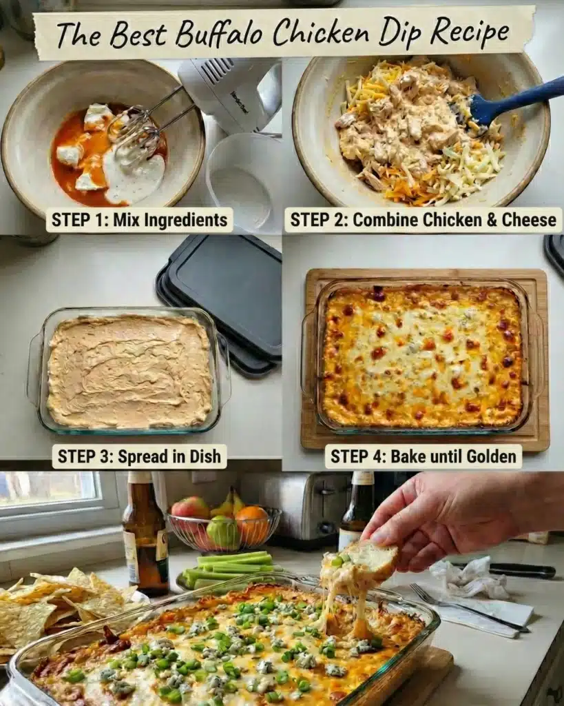 Step-by-step images showing how to mix, spread, and bake Buffalo Chicken Dip until golden and bubbly