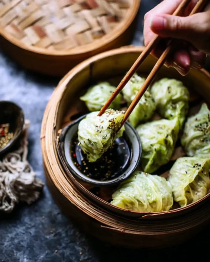 Close-up of cabbage rolls with dark soy dipping bowl