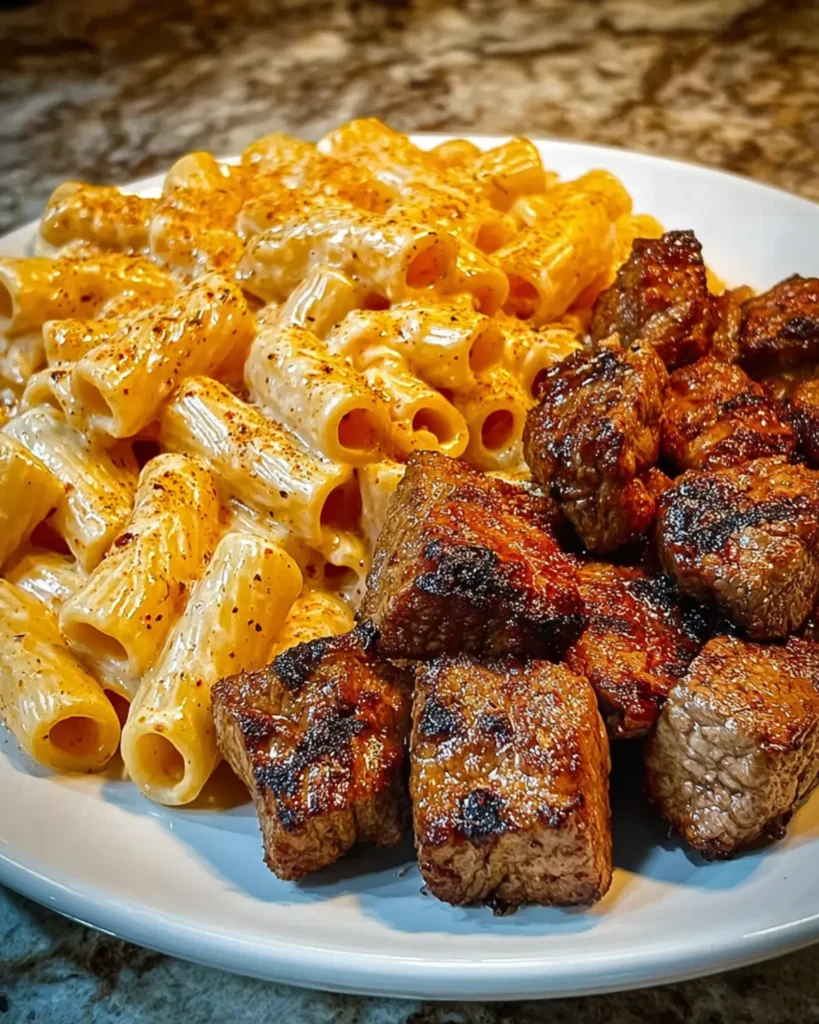 Creamy rigatoni pasta and golden-seared steak cubes served side by side on a white plate