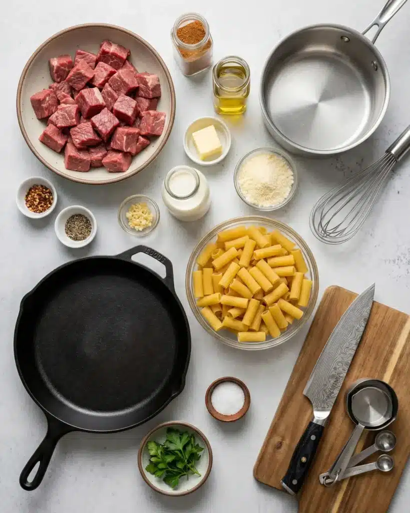 Overhead layout of Cajun steak rigatoni ingredients including raw steak cubes, rigatoni pasta, cream, butter, Parmesan, and spices arranged neatly on a kitchen counter