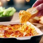 Hand dipping a slice of bread into melted cheesy dip with golden baked top and soft bokeh background