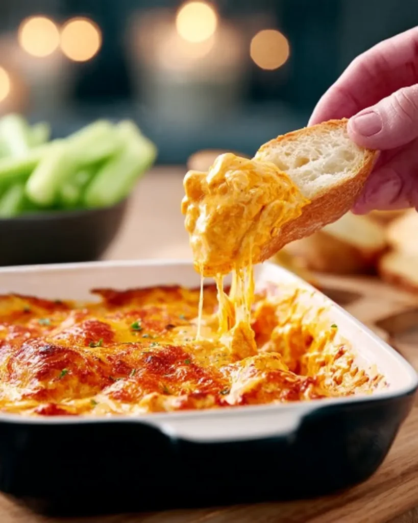 Hand dipping a slice of bread into melted cheesy dip with golden baked top and soft bokeh background