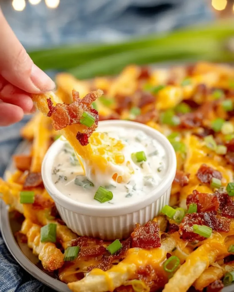 Hand dipping a cheesy loaded fry topped with beef bacon and green onions into creamy ranch sauce on a plate of crispy fries