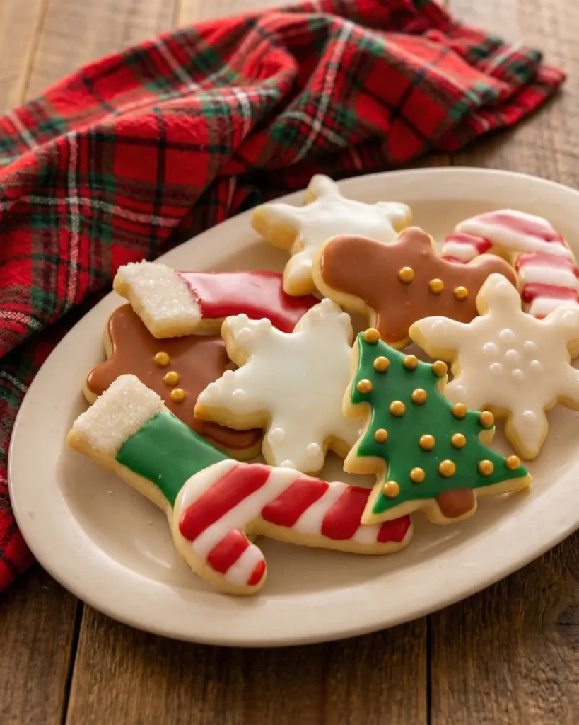 Assorted Christmas sugar cookies decorated with smooth Sugar Cookie Icing on a festive holiday plate