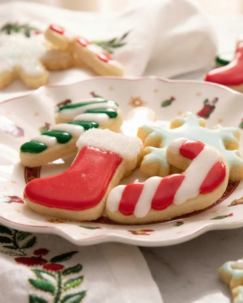 Close up of glossy Sugar Cookie Icing on Christmas stocking and candy cane cookies
