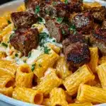 Close-up of creamy Cajun rigatoni pasta topped with seared steak bites and sprinkled with fresh parsley
