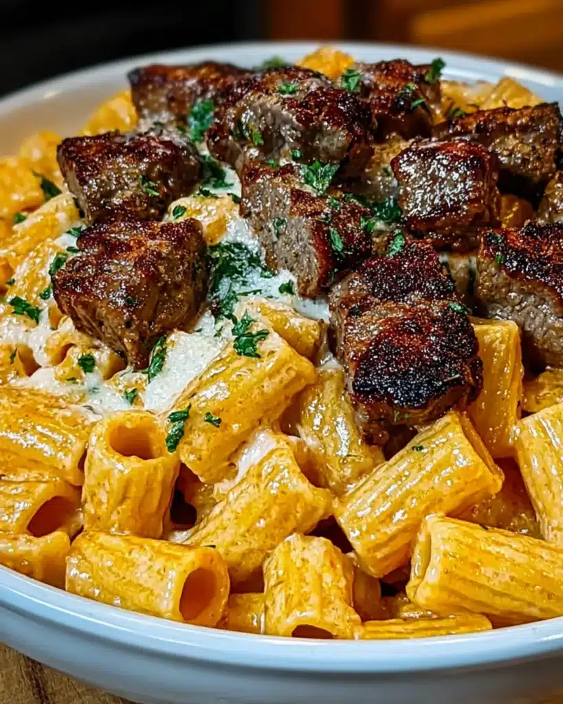 Close-up of creamy Cajun rigatoni pasta topped with seared steak bites and sprinkled with fresh parsley