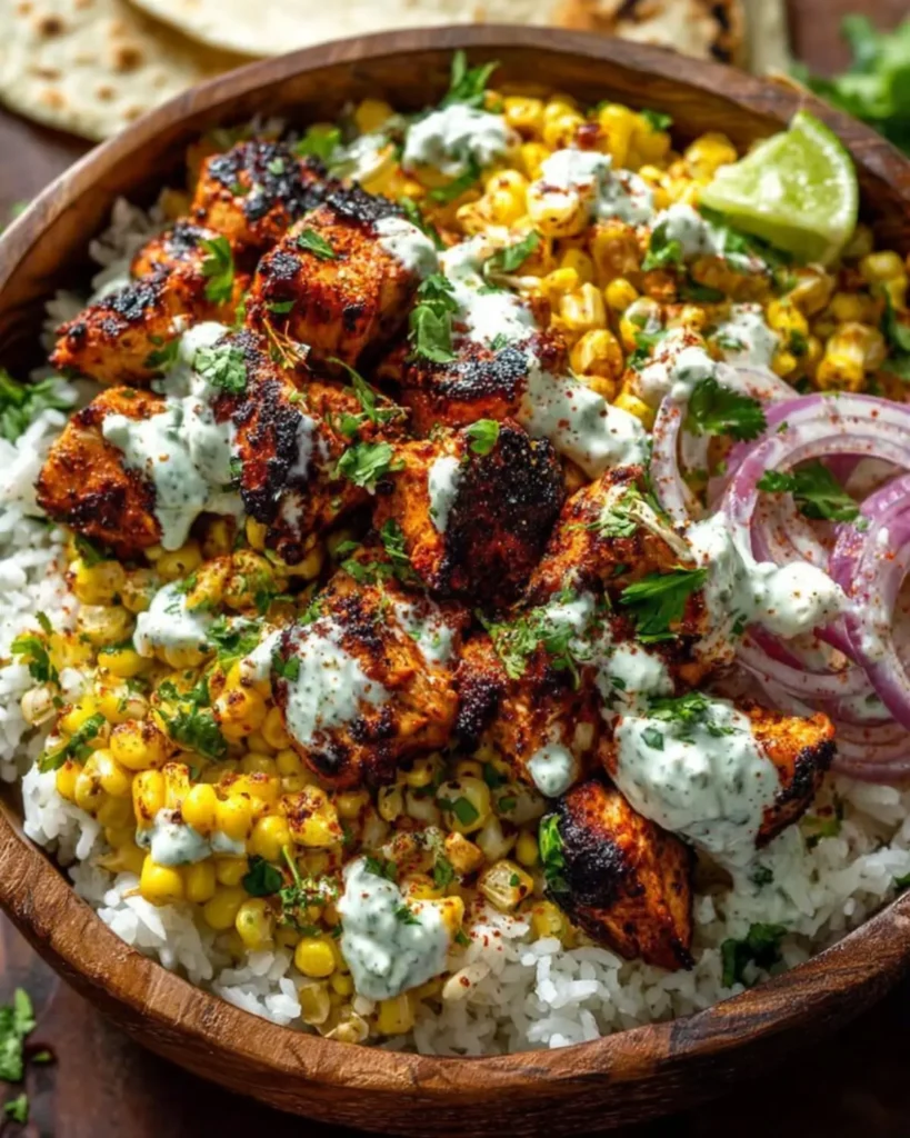 Corn Chicken Bowl topped with grilled chicken, cilantro and creamy sauce