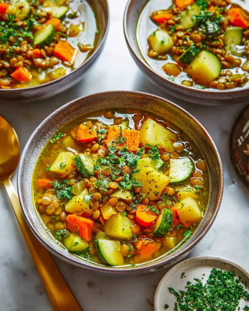 Three bowls of vegetable and lentil soup on a marble counter with a spoon and fresh herbs