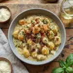 Overhead view of crack chicken gnocchi served in a bowl with parmesan cheese and fresh basil on rustic wooden table