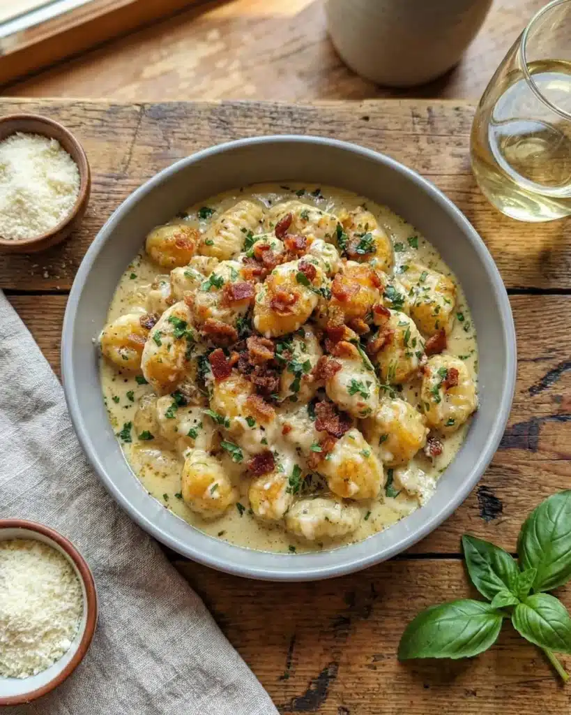 Overhead view of crack chicken gnocchi served in a bowl with parmesan cheese and fresh basil on rustic wooden table