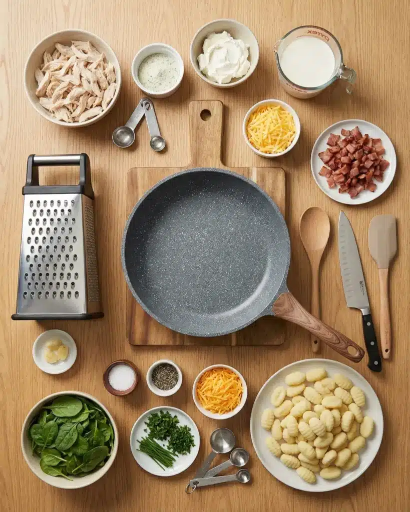 Ingredients for creamy chicken gnocchi including shredded chicken, potato gnocchi, cream, cheese, spinach and cooking tools arranged on wooden table