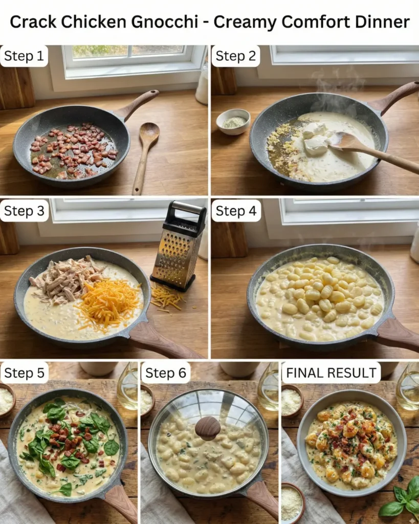 Step by step cooking process of creamy chicken gnocchi in a skillet from bacon to final dish