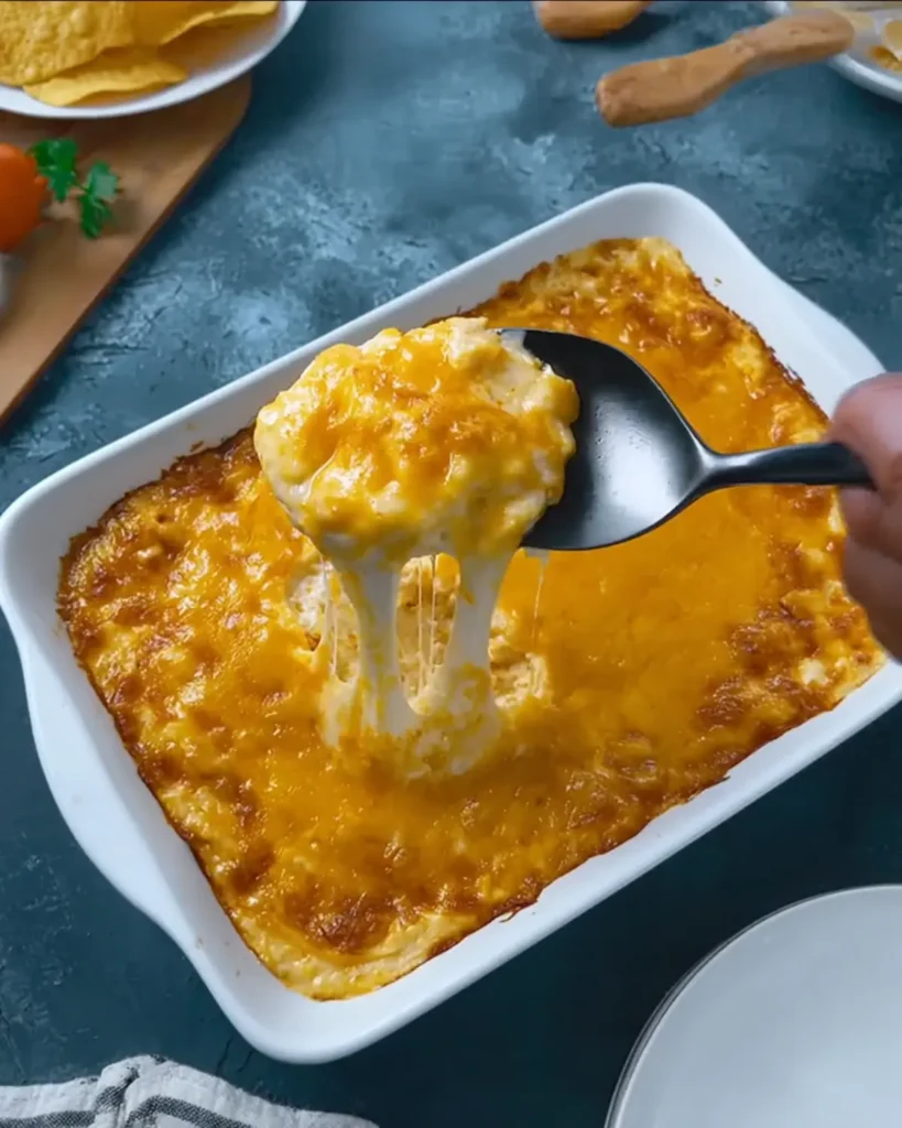 Spoon lifting a serving of Buffalo Chicken Dip with melted cheddar cheese from a white baking dish