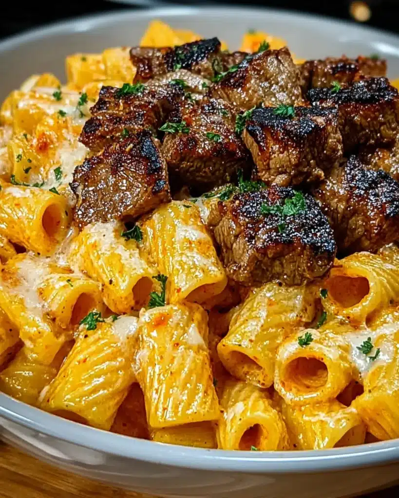 Bowl of creamy Cajun steak rigatoni topped with juicy steak pieces and fresh parsley