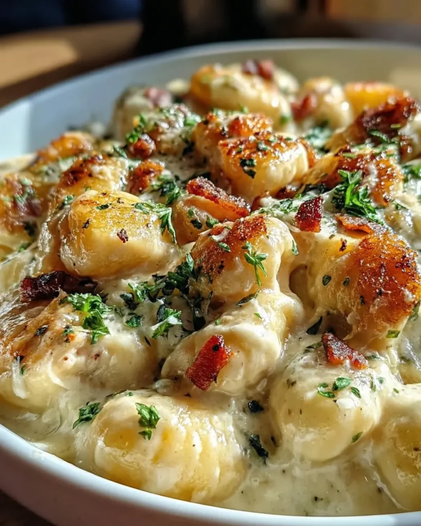 Close up of golden pan seared gnocchi in creamy parmesan sauce with chicken and crispy beef bacon