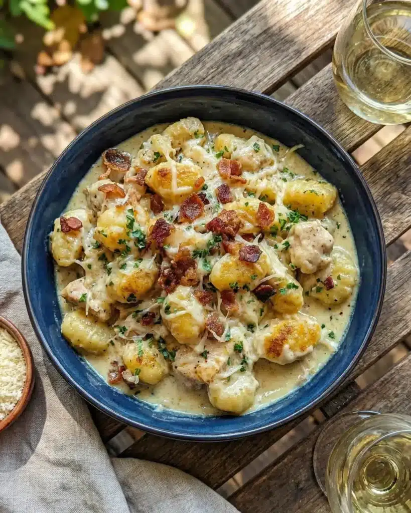 Creamy chicken and gnocchi in a dark blue bowl topped with crispy beef bacon and parsley