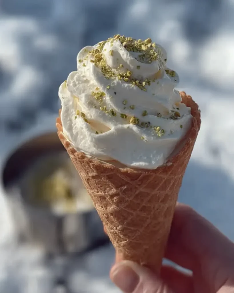Close-up of waffle cone filled with whipped snow ice cream and pistachio pieces held in natural daylight