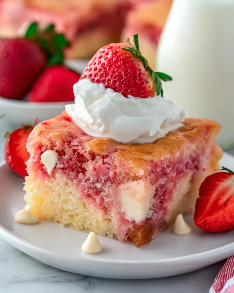 Close up of strawberry cake square with white chocolate chips and cheesecake layer