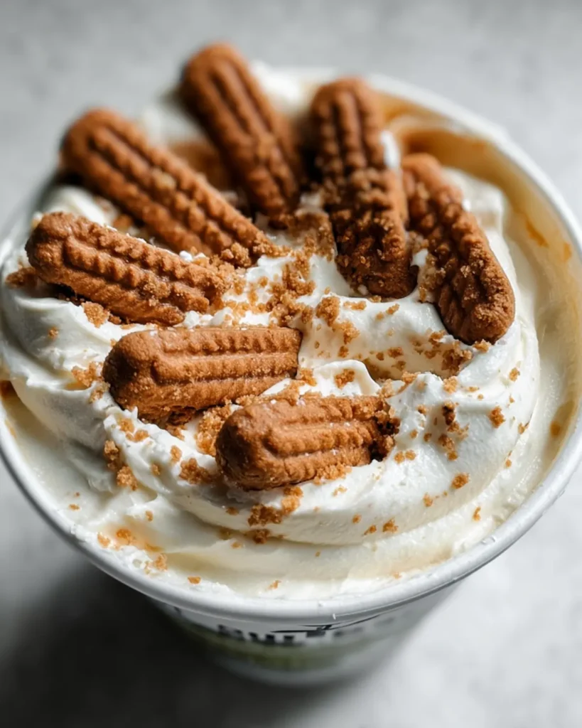 Close-up of whipped yogurt with Lotus Biscoff cookies and crushed cookie crumbs sprinkled on top for texture.
