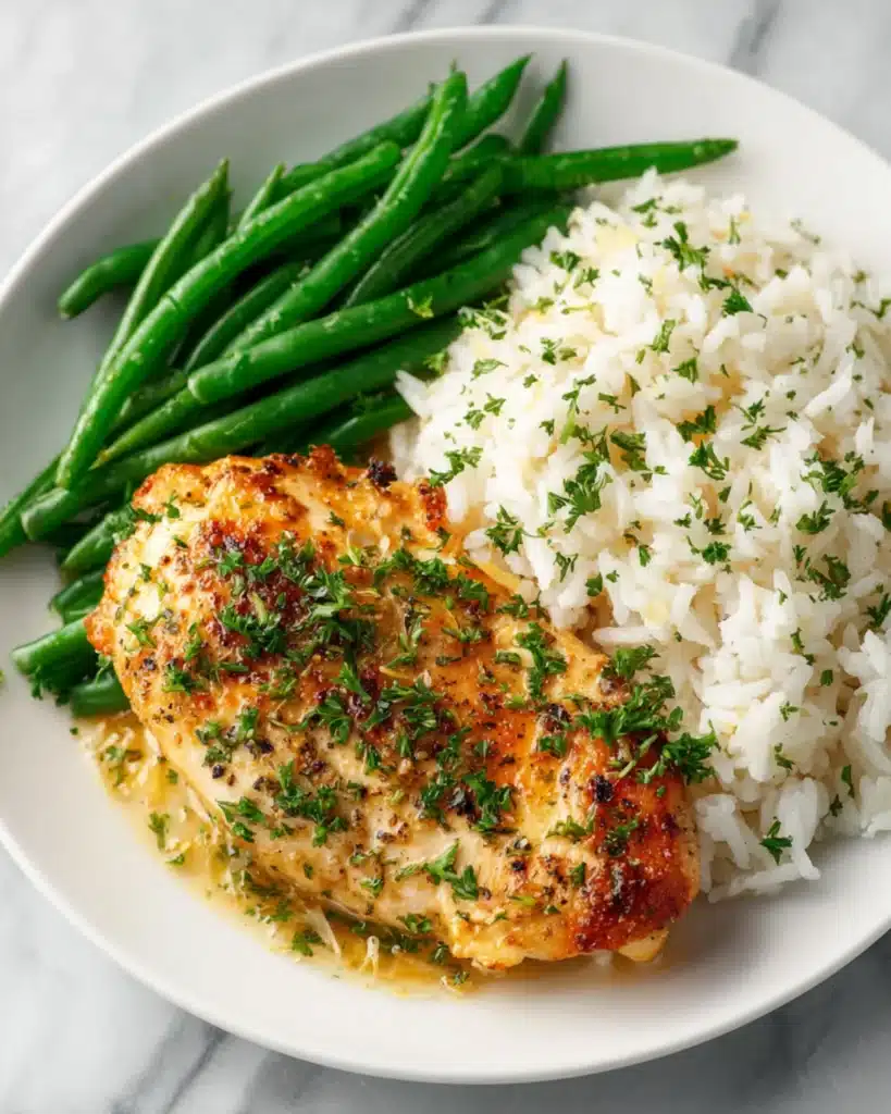 Breaded chicken breasts served with lemon sauce, parsley, and sliced lemons on a white plate