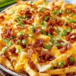 Plate of crispy loaded fries topped with melted cheese, beef bacon bits, and chopped green onions for a savory snack