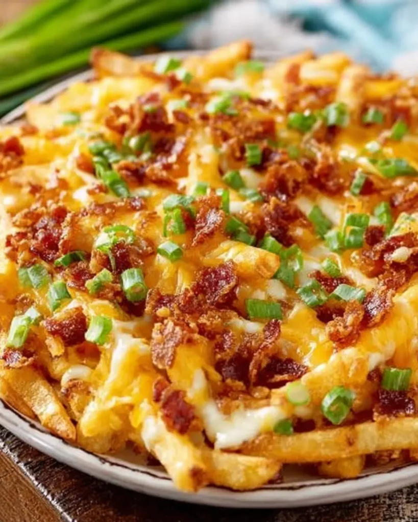 Plate of crispy loaded fries topped with melted cheese, beef bacon bits, and chopped green onions for a savory snack