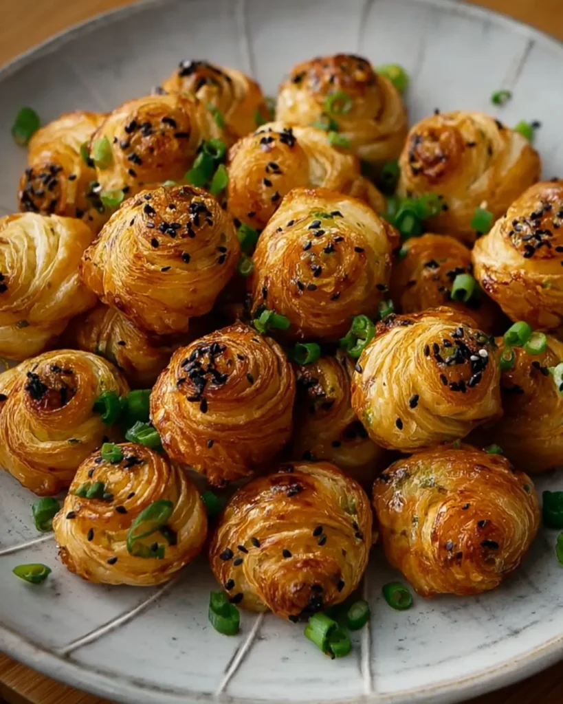 Freshly baked Scallion Pancake Croissants arranged on a white ceramic plate with chopped green onions and sesame seeds
