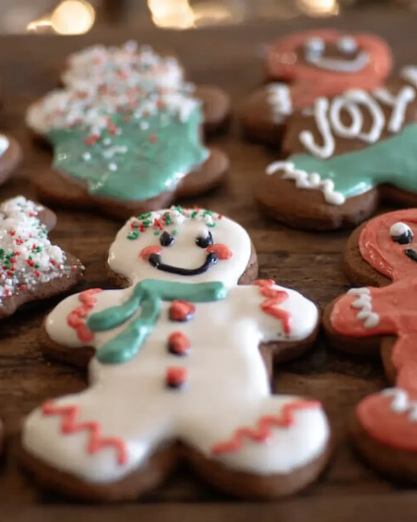 Gingerbread man cookies decorated with festive white, green, and red icing details