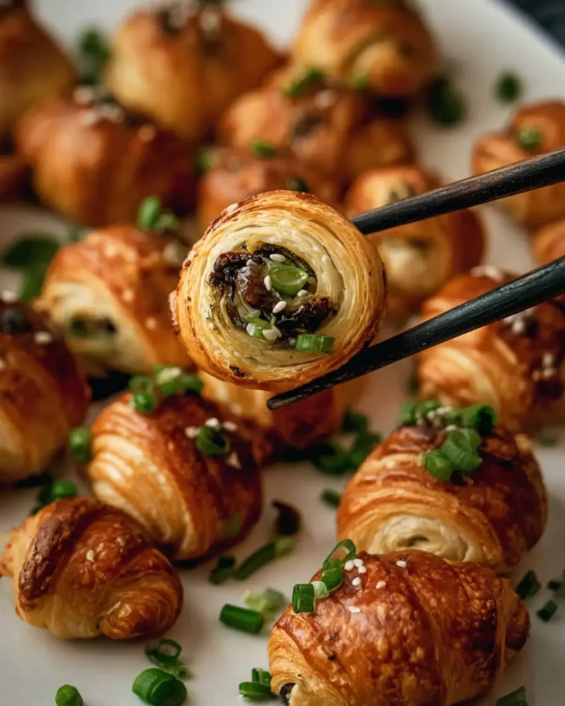 Close-up of chopsticks lifting a crispy croissant filled with scallions and sesame seeds